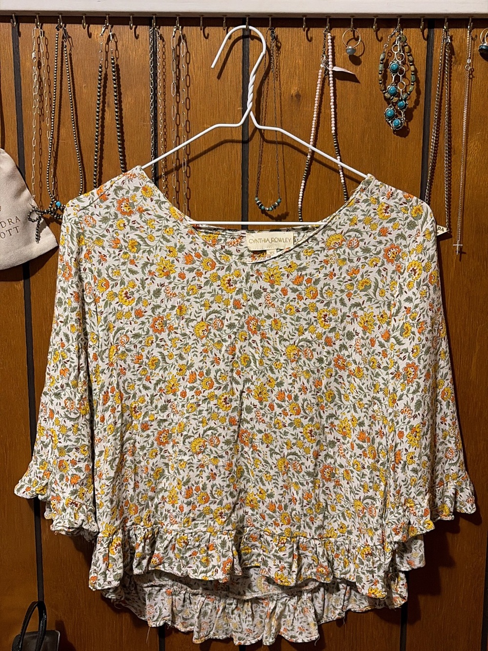 Cynthia Rowley Cream Floral Ruffle-Hem Blouse with Yellow & Orange Flowers